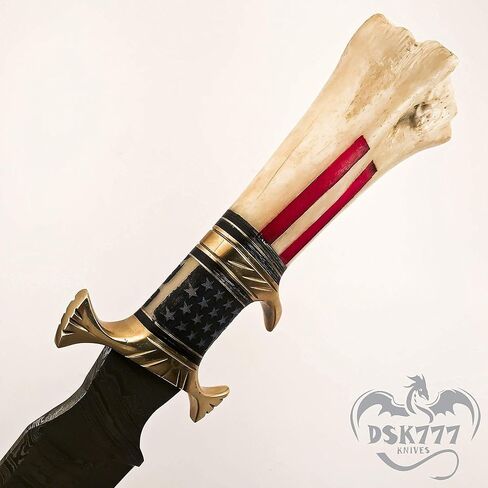 'NoonKnives: مقبض سكين GUTT مصنوع يدويًا مصنوع يدويًا من الفولاذ الدمشقي، مادة عظمة علم الولايات المتحدة الأمريكية حمض مؤلم (نجمة) in Kuwait