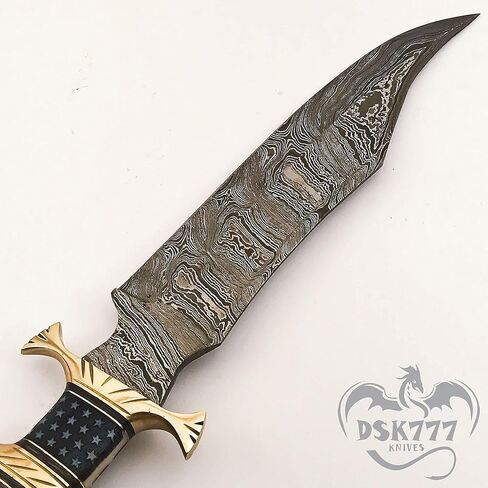 'NoonKnives: مقبض سكين GUTT مصنوع يدويًا مصنوع يدويًا من الفولاذ الدمشقي، مادة عظمة علم الولايات المتحدة الأمريكية حمض مؤلم (نجمة) in Kuwait