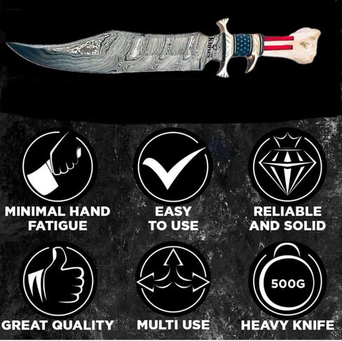 'NoonKnives: مقبض سكين GUTT مصنوع يدويًا مصنوع يدويًا من الفولاذ الدمشقي، مادة عظمة علم الولايات المتحدة الأمريكية حمض مؤلم (نجمة) in Kuwait