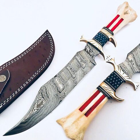'NoonKnives: مقبض سكين GUTT مصنوع يدويًا مصنوع يدويًا من الفولاذ الدمشقي، مادة عظمة علم الولايات المتحدة الأمريكية حمض مؤلم (نجمة) in Kuwait