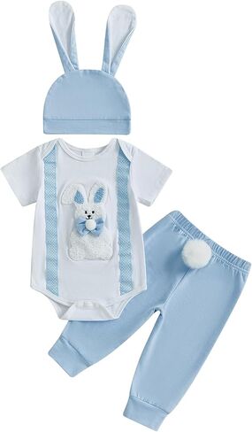 Newborn Baby Boy Easter Outfit Bunny Carrot Print Short Sleeve Romper Casual Pants Set First Easter Outfit in Saudi Arabia