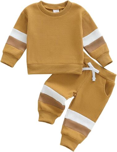BULINGNA طفل رضيع صبي الخريف الشتاء ملابس طويلة الأكمام Crewneck البلوز البلوز بنطال رياضي مجموعة 2 قطعة الزي التباين in Saudi Arabia