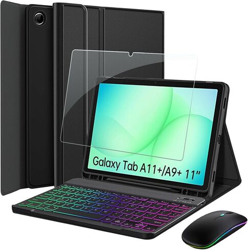 حافظة لوحة المفاتيح لجهاز Samsung Galaxy Tab A11+ Plus 2025/ A9+ Plus 2023 مقاس 11 بوصة، ماوس LED بلوتوث 2.4 جيجا، 7 ألوان قوس قزح بإضاءة خلفية قابلة للفصل مع واقي شاشة عالي الدقة in Saudi Arabia