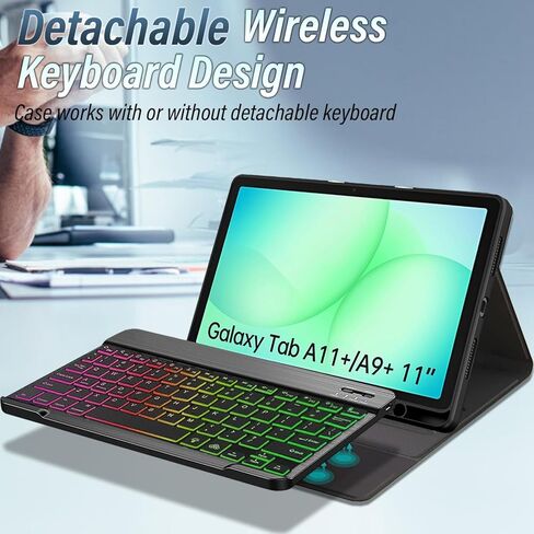 حافظة لوحة المفاتيح لجهاز Samsung Galaxy Tab A11+ Plus 2025/ A9+ Plus 2023 مقاس 11 بوصة، ماوس LED بلوتوث 2.4 جيجا، 7 ألوان قوس قزح بإضاءة خلفية قابلة للفصل مع واقي شاشة عالي الدقة in Saudi Arabia