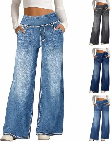 Baggy Sweatpant Jeans Women Wide Leg Pull On Stretchy Relaxed Fit Denim Trousers Casual High Waisted Straight Pants in Saudi Arabia