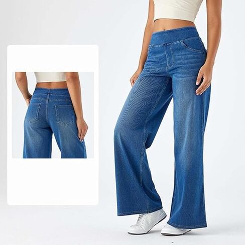 Baggy Sweatpant Jeans Women Wide Leg Pull On Stretchy Relaxed Fit Denim Trousers Casual High Waisted Straight Pants in Saudi Arabia