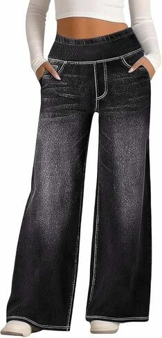 Baggy Sweatpant Jeans Women Wide Leg Pull On Stretchy Relaxed Fit Denim Trousers Casual High Waisted Straight Pants in Saudi Arabia