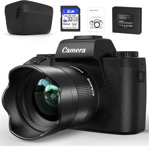 Digital Camera, 4k Cameras for Photography & Video, 64MP WiFi Touch Screen Vlogging Camera for YouTube with 32GB Card, Lens Hood, Front and Rear Cameras -(JJQQ-W05-4K-Black2) in Saudi Arabia