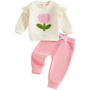 2PCS Baby Girl Outfit Ruffle Long Sleeve Sweatshirts Cute Flower Tops Jogger Pants Newborn Infant Sweatsuit Set in Saudi Arabia