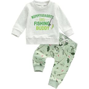 2Pcs Toddler Baby Boy Clothes Mommy Daddy's Fishing Buddy Sweatshirt Long Sleeve T-Shirt Tops Pants Set Fall Outfits in Kuwait