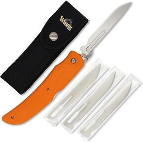 Wiebe Tala Folding Hunting Knife with Sheath & 3 Extra Surgical Style 4" Blades – Wicked Sharp Replaceable Blade System, High-Vis Orange Non-Slip Grip, Locking – EDC, Deer, Big Game, Hunting Knife in Kuwait