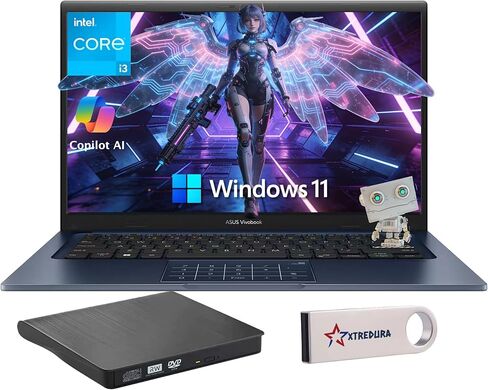 كمبيوتر محمول ASUS Vivobook 14 بوصة FHD، Windows 11 Pro، Lifetime MS Office، Intel Core i3-1315U، ذاكرة الوصول العشوائي 16 جيجابايت + 512 جيجابايت PCIe SSD، أنيق وخفيف الوزن، محرك أقراص DVD خارجي ومحرك فلاش USB، للطلاب والمنزل والعمل in Kuwait