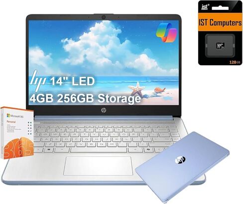 كمبيوتر محمول HP 14 خفيف للغاية للطلاب والمنزل (14 بوصة LED، مكتب 365 لمدة عام، Intel 4-Core N150 (>N4120)، ذاكرة وصول عشوائي 4 جيجابايت، تخزين 256 جيجابايت (128 جيجابايت + 128 جيجابايت SD)) عمر بطارية طويل 11 ساعة، كاميرا ويب، شحن سريع، ويندوز 11 S in Kuwait