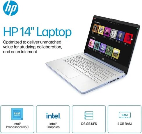 كمبيوتر محمول HP 14 خفيف للغاية للطلاب والمنزل (14 بوصة LED، مكتب 365 لمدة عام، Intel 4-Core N150 (>N4120)، ذاكرة وصول عشوائي 4 جيجابايت، تخزين 256 جيجابايت (128 جيجابايت + 128 جيجابايت SD)) عمر بطارية طويل 11 ساعة، كاميرا ويب، شحن سريع، ويندوز 11 S in Kuwait