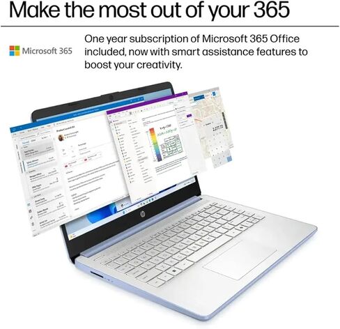 كمبيوتر محمول HP 14 خفيف للغاية للطلاب والمنزل (14 بوصة LED، مكتب 365 لمدة عام، Intel 4-Core N150 (>N4120)، ذاكرة وصول عشوائي 4 جيجابايت، تخزين 256 جيجابايت (128 جيجابايت + 128 جيجابايت SD)) عمر بطارية طويل 11 ساعة، كاميرا ويب، شحن سريع، ويندوز 11 S in Kuwait