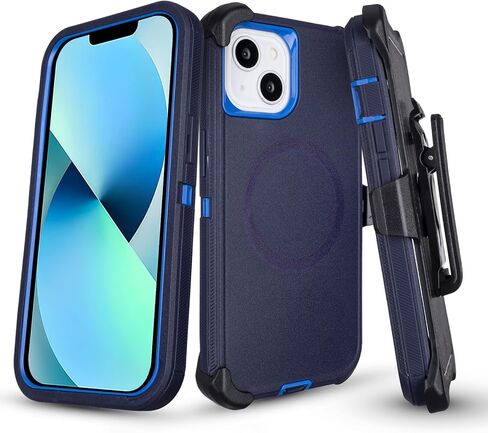 for iPhone 13 Case with Belt Clip Holster, [Compatible with MagSafe] Heavy Duty Military Grade Drop Protection, 3-Layer Rugged Shockproof for iPhone 13 Case with Kickstand, 6.1 Inch (Navy+Blue) in Saudi Arabia