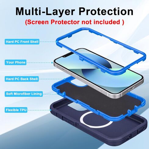 for iPhone 13 Case with Belt Clip Holster, [Compatible with MagSafe] Heavy Duty Military Grade Drop Protection, 3-Layer Rugged Shockproof for iPhone 13 Case with Kickstand, 6.1 Inch (Navy+Blue) in Saudi Arabia