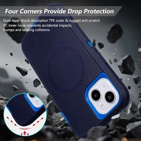 for iPhone 13 Case with Belt Clip Holster, [Compatible with MagSafe] Heavy Duty Military Grade Drop Protection, 3-Layer Rugged Shockproof for iPhone 13 Case with Kickstand, 6.1 Inch (Navy+Blue) in Saudi Arabia
