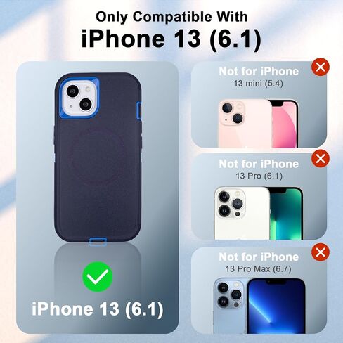 for iPhone 13 Case with Belt Clip Holster, [Compatible with MagSafe] Heavy Duty Military Grade Drop Protection, 3-Layer Rugged Shockproof for iPhone 13 Case with Kickstand, 6.1 Inch (Navy+Blue) in Saudi Arabia