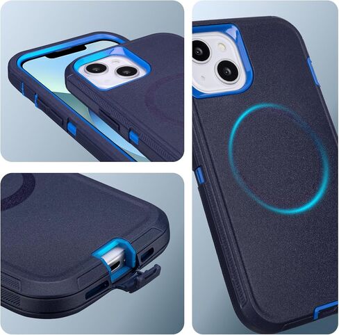 for iPhone 13 Case with Belt Clip Holster, [Compatible with MagSafe] Heavy Duty Military Grade Drop Protection, 3-Layer Rugged Shockproof for iPhone 13 Case with Kickstand, 6.1 Inch (Navy+Blue) in Saudi Arabia