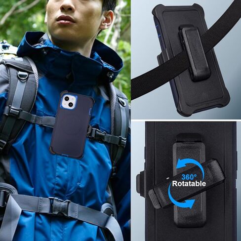 for iPhone 13 Case with Belt Clip Holster, [Compatible with MagSafe] Heavy Duty Military Grade Drop Protection, 3-Layer Rugged Shockproof for iPhone 13 Case with Kickstand, 6.1 Inch (Navy+Blue) in Saudi Arabia
