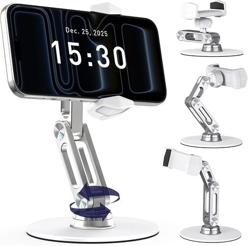Phone Stand for Desk - Adjustable Height and Angle Foldable Cell Phone Stand Holder, No Dropping Stable Triple-Clamp Holder, Adjustable Tightness, Compatible with iPhone Android Phones, White in Saudi Arabia