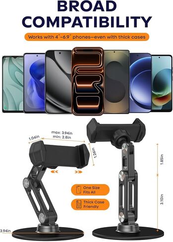 Phone Stand for Desk - Adjustable Height and Angle Foldable Cell Phone Stand Holder, No Dropping Stable Triple-Clamp Holder, Adjustable Tightness, Compatible with iPhone Android Phones, White in Saudi Arabia