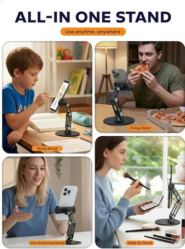 Phone Stand for Desk - Adjustable Height and Angle Foldable Cell Phone Stand Holder, No Dropping Stable Triple-Clamp Holder, Adjustable Tightness, Compatible with iPhone Android Phones, White in Saudi Arabia