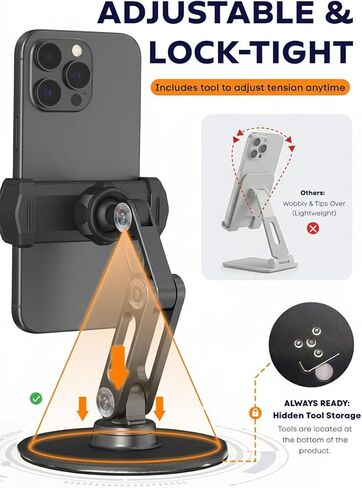 Phone Stand for Desk - Adjustable Height and Angle Foldable Cell Phone Stand Holder, No Dropping Stable Triple-Clamp Holder, Adjustable Tightness, Compatible with iPhone Android Phones, White in Saudi Arabia