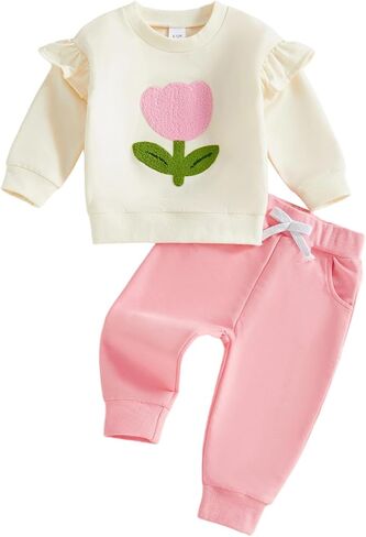 2PCS Baby Girl Outfit Ruffle Long Sleeve Sweatshirts Cute Flower Tops Jogger Pants Newborn Infant Sweatsuit Set in Saudi Arabia
