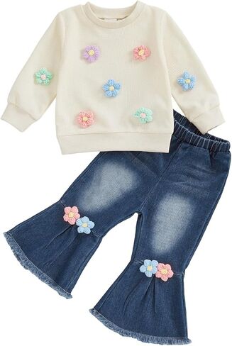 BULINGNA Toddler Baby Girl Clothes Spring Outfit Baby Girl Outfit Floral Crewneck Sweatshirt Bell Bottom Jeans Pants Set in Saudi Arabia