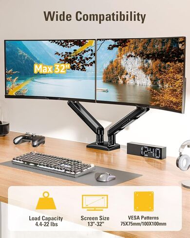 Dual Monitor Stand for 13-32 Inch Computer Screens, Dual Monitor Arms, Each Arm Holds 4.4-22lbs, Fully Adjustable Monitors Desk Mount with C-Clamp and Grommet Base, VESA 75x75/100x100mm in Kuwait