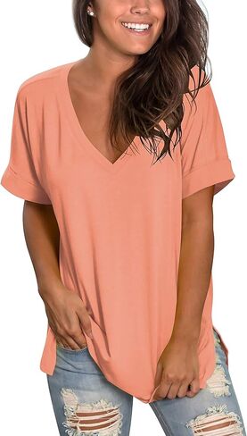 Sampeel Womens Summer Tops Floral Tees Short Sleeve Tunic V Neck T Shirts in Kuwait