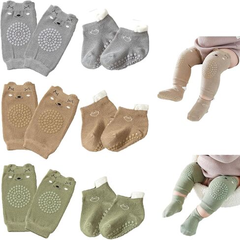 Feidoog Baby Crawling Anti-Slip Elastic 3 Pairs Knee Pads and 3 Pairs Socks Set,Toddler Knee Protector for Baby Kids Kneepads in Saudi Arabia