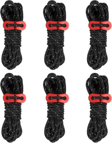 4mm Tent Rope, 6 Pack 13ft Reflective Guyline Cord Tied Downs Rope Paracord Cord Camping Ropes with Red Aluminum Cord Adjusters for Camping Hiking Tent, Black in Saudi Arabia