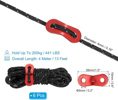 4mm Tent Rope, 6 Pack 13ft Reflective Guyline Cord Tied Downs Rope Paracord Cord Camping Ropes with Red Aluminum Cord Adjusters for Camping Hiking Tent, Black in Saudi Arabia