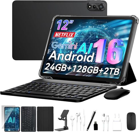تابلت N90 Android 16، تابلت 12 بوصة 2K FHD+، تابلت Android مع لوحة مفاتيح، 5G WiFi، 24GB+128GB/2TB، معرف الوجه، 9000 مللي أمبير، ضمان 4 سنوات، Widevine L1، OTG، 1217-BOX، حافظة وقلم in Kuwait