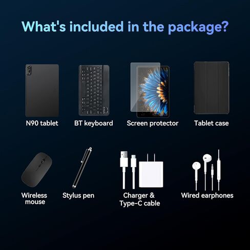 تابلت N90 Android 16، تابلت 12 بوصة 2K FHD+، تابلت Android مع لوحة مفاتيح، 5G WiFi، 24GB+128GB/2TB، معرف الوجه، 9000 مللي أمبير، ضمان 4 سنوات، Widevine L1، OTG، 1217-BOX، حافظة وقلم in Kuwait