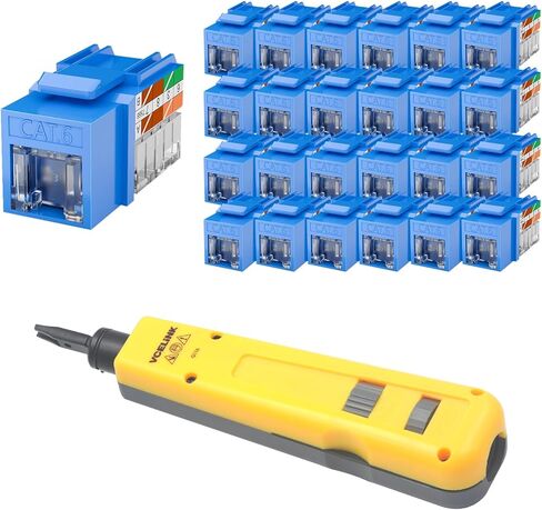 مقابس VCELINK RJ45 Cat6 Keystone مع غطاء غبار، ملف تعريف نحيف 25 حزمة مع أداة تأثير لكمة مع 110 و66 شفرة (أزرق) in Saudi Arabia