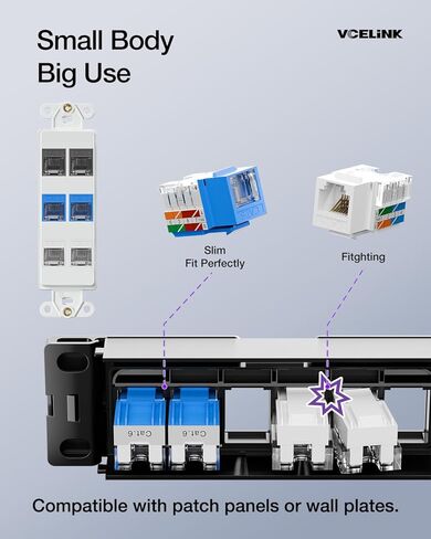مقابس VCELINK RJ45 Cat6 Keystone مع غطاء غبار، ملف تعريف نحيف 25 حزمة مع أداة تأثير لكمة مع 110 و66 شفرة (أزرق) in Saudi Arabia