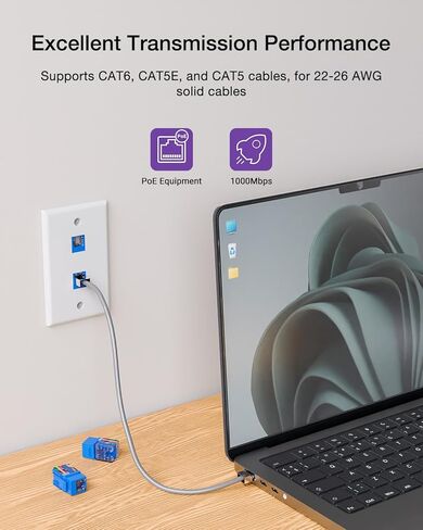 مقابس VCELINK RJ45 Cat6 Keystone مع غطاء غبار، ملف تعريف نحيف 25 حزمة مع أداة تأثير لكمة مع 110 و66 شفرة (أزرق) in Saudi Arabia