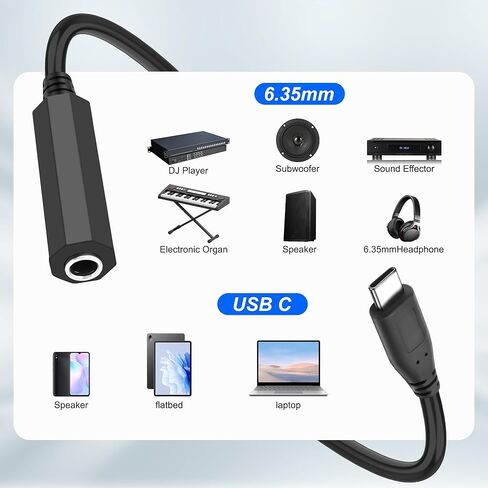 XMSJSIY USB نوع C إلى 1/4 6.35 ملم محول سماعة الرأس USB C ذكر إلى 1/4 بوصة TRS أنثى ستيريو جاك الصوت AUX كابل محول لمكبرات الصوت وسماعات الرأس والكمبيوتر المحمول - 30 سم/11.8 بوصة - قطعتان in Saudi Arabia
