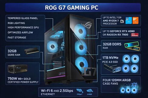 ASUS ROG G700 Gaming Desktop PC Intel Core Ultra 7 265F 32GB RAM 1TB NVMe SSD NVIDIA GeForce RTX 5060 8GB Liquid Cooling RGB Keyboard Mouse Windows 11 Pro with 12 Month CPS Protection in Saudi Arabia