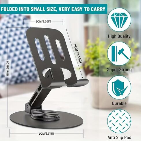 360° Rotating Metal Phone Stand, Foldable Adjustable Desktop Holder, Stable Universal Mount for All Smartphones & Tablets, Ideal Office/Home Desk Accessory in Saudi Arabia