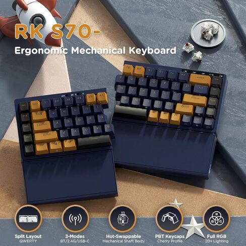 RK ROYAL KLUDGE RKS70 Ergonomic Split Keyboard, Wireless PC Gaming Keyboard with Bluetooth/2.4G/Wired, Hot Swappable Mechanical Keyboards w/Fixed Wrist Rest, PBT Keycaps, Tactile Switches, Black in Saudi Arabia