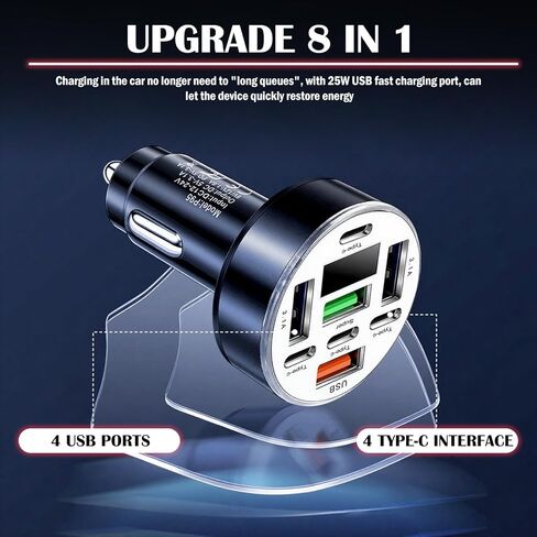 محول ولاعة سجائر لشاحن السيارة بـ 8 منافذ، محول شاحن سيارة مطور مع شحن سريع USB بقدرة 25 وات ومراقبة الجهد الكهربي، وشواحن ولاعة سجائر للسيارات USB وشواحن من النوع C بقوة 12/24 فولت in Kuwait