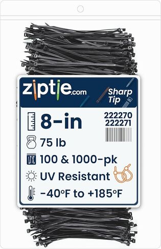 Ziptie.com ربطة كابل ذات طرف حاد أسود مقاوم للأشعة فوق البنفسجية مقاس 8 بوصات، قوة شد 75 رطلًا، مدرجة في قائمة UL 21S، 100 حزمة in Kuwait
