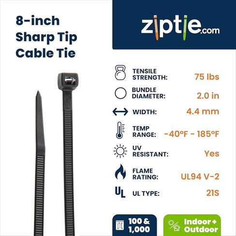 Ziptie.com ربطة كابل ذات طرف حاد أسود مقاوم للأشعة فوق البنفسجية مقاس 8 بوصات، قوة شد 75 رطلًا، مدرجة في قائمة UL 21S، 100 حزمة in Kuwait