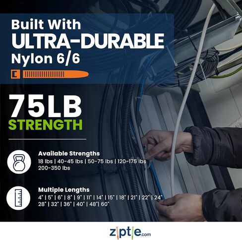 Ziptie.com ربطة كابل ذات طرف حاد أسود مقاوم للأشعة فوق البنفسجية مقاس 8 بوصات، قوة شد 75 رطلًا، مدرجة في قائمة UL 21S، 100 حزمة in Kuwait