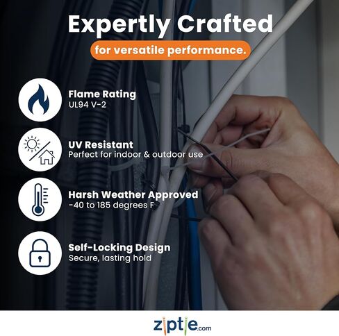 Ziptie.com ربطة كابل ذات طرف حاد أسود مقاوم للأشعة فوق البنفسجية مقاس 8 بوصات، قوة شد 75 رطلًا، مدرجة في قائمة UL 21S، 100 حزمة in Kuwait